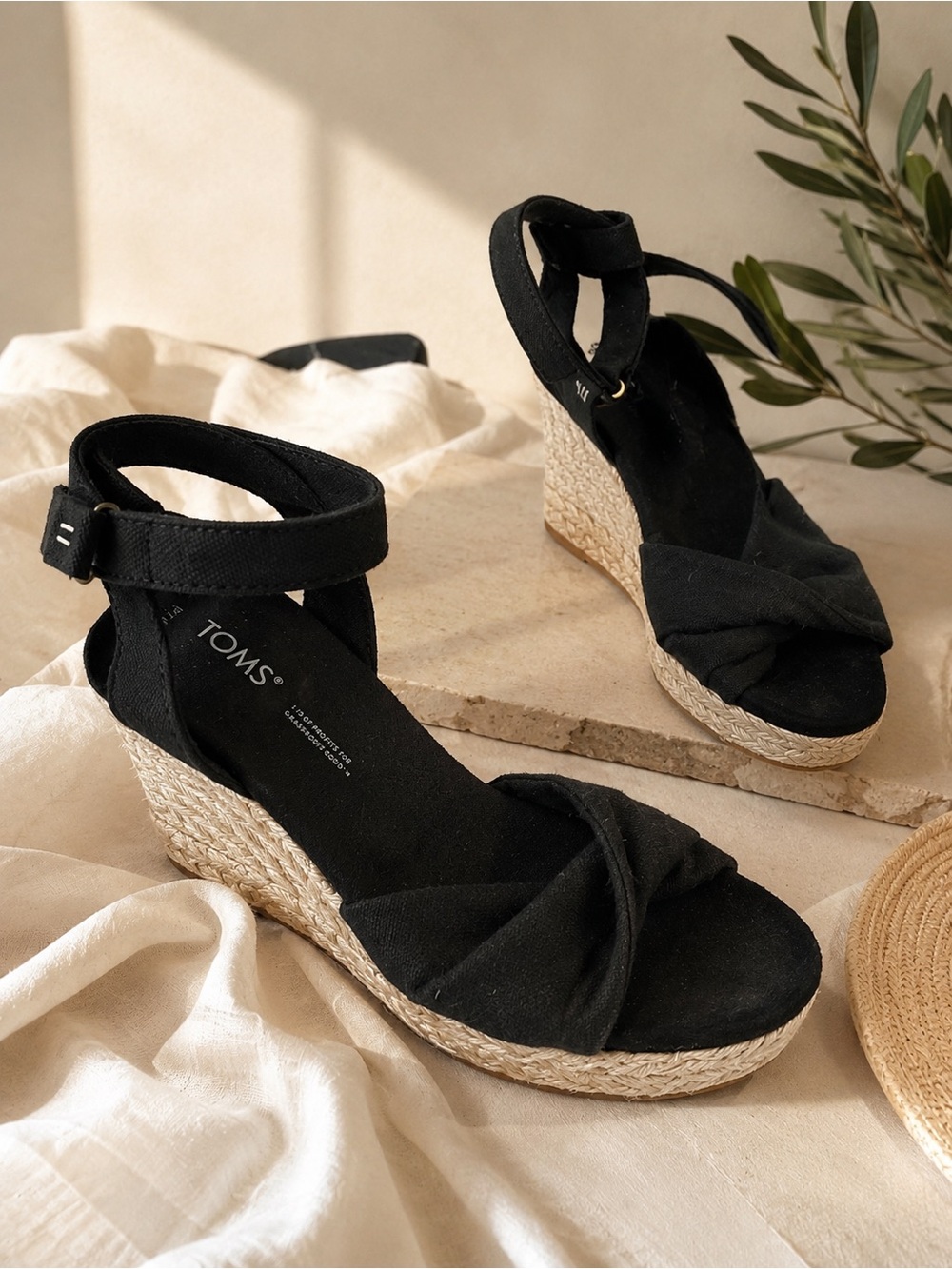 TOMS Black Canvas Espadrille Wedge Sandals Ankle Strap Women’s 7.5 - Picture 2 of 12